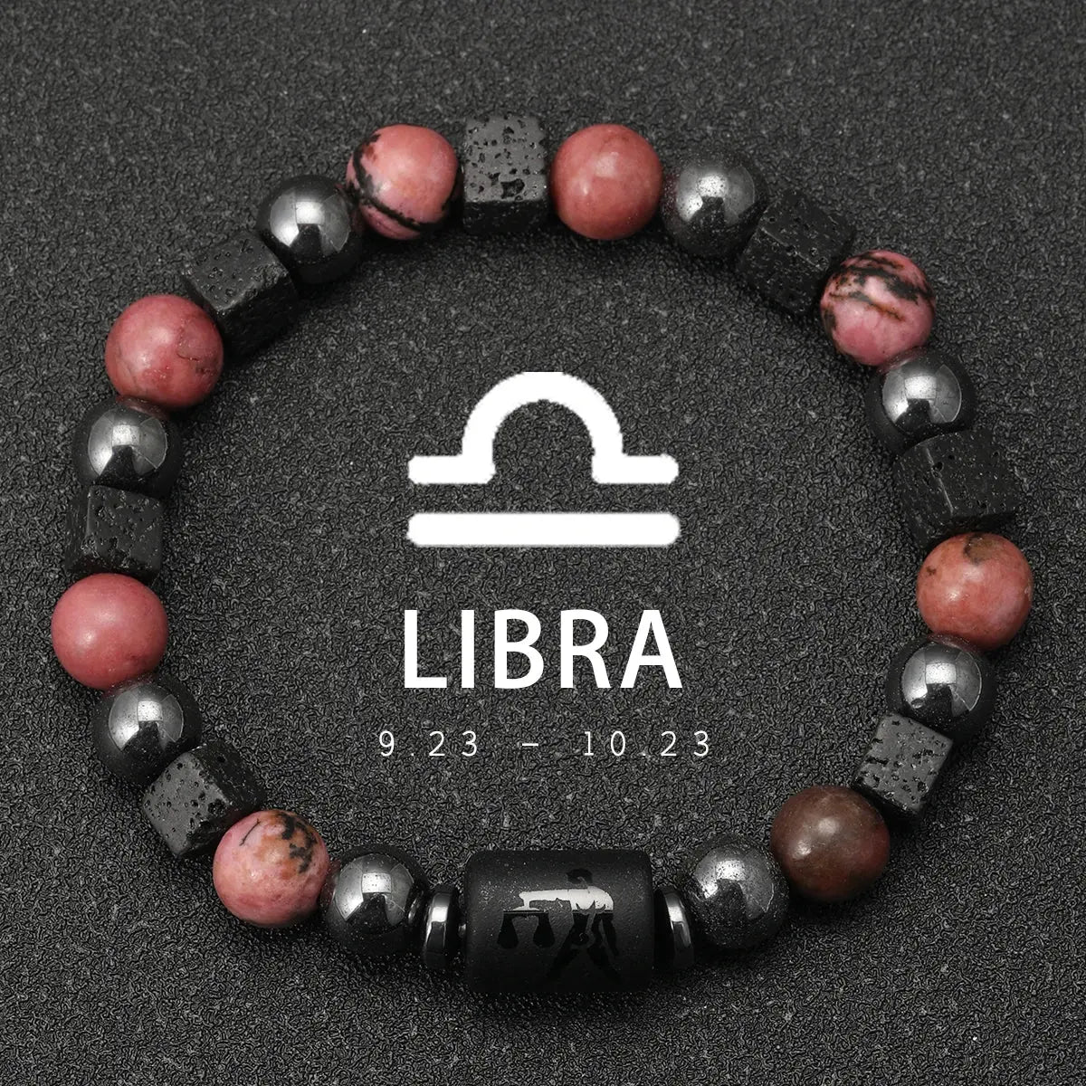 Bracelet 12 Signes du Zodiaque - Rhodochrosite et pierres de lave LUNASTRAL