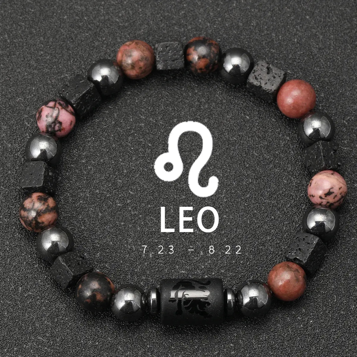 Bracelet 12 Signes du Zodiaque - Rhodochrosite et pierres de lave LUNASTRAL
