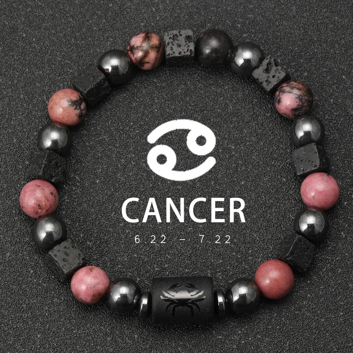 Bracelet 12 Signes du Zodiaque - Rhodochrosite et pierres de lave LUNASTRAL