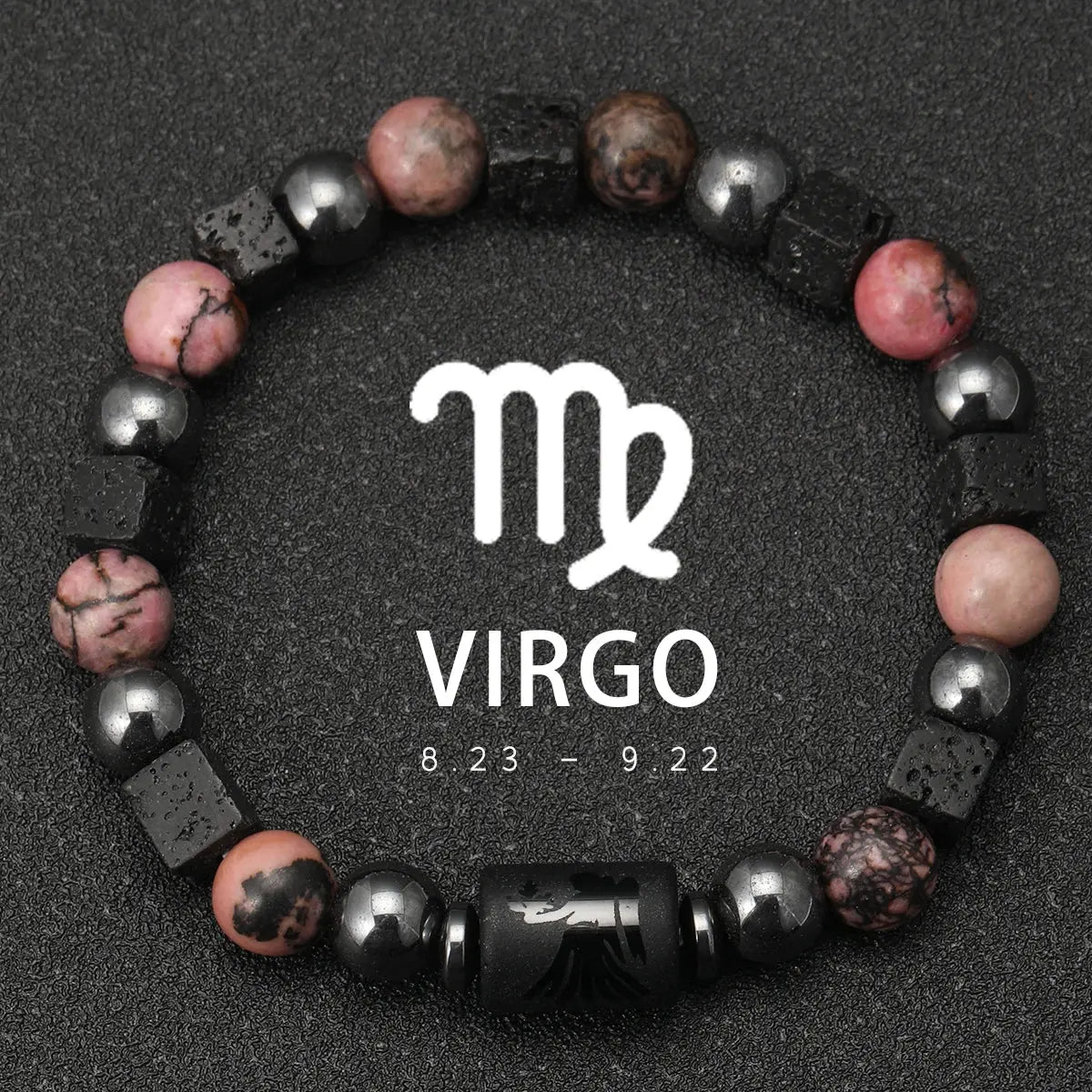 Bracelet 12 Signes du Zodiaque - Rhodochrosite et pierres de lave LUNASTRAL