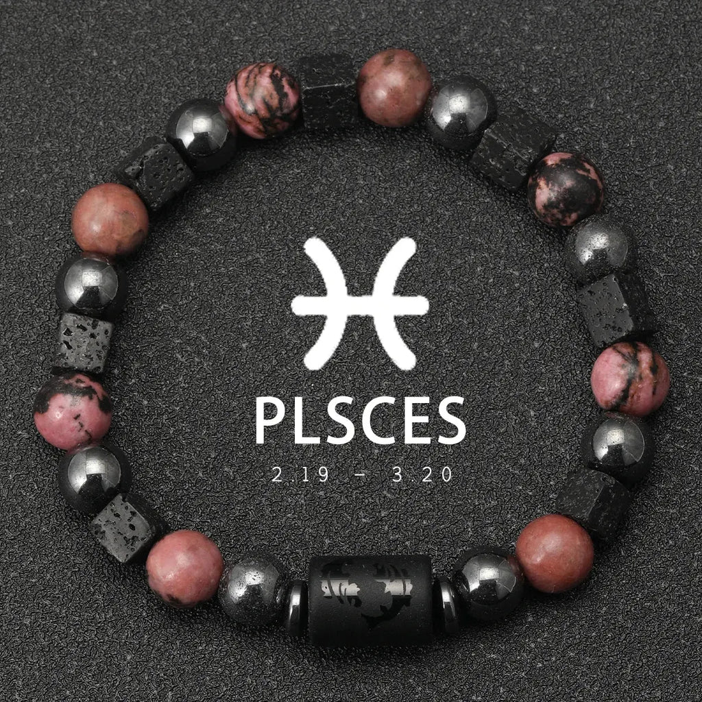Bracelet 12 Signes du Zodiaque - Rhodochrosite et pierres de lave LUNASTRAL