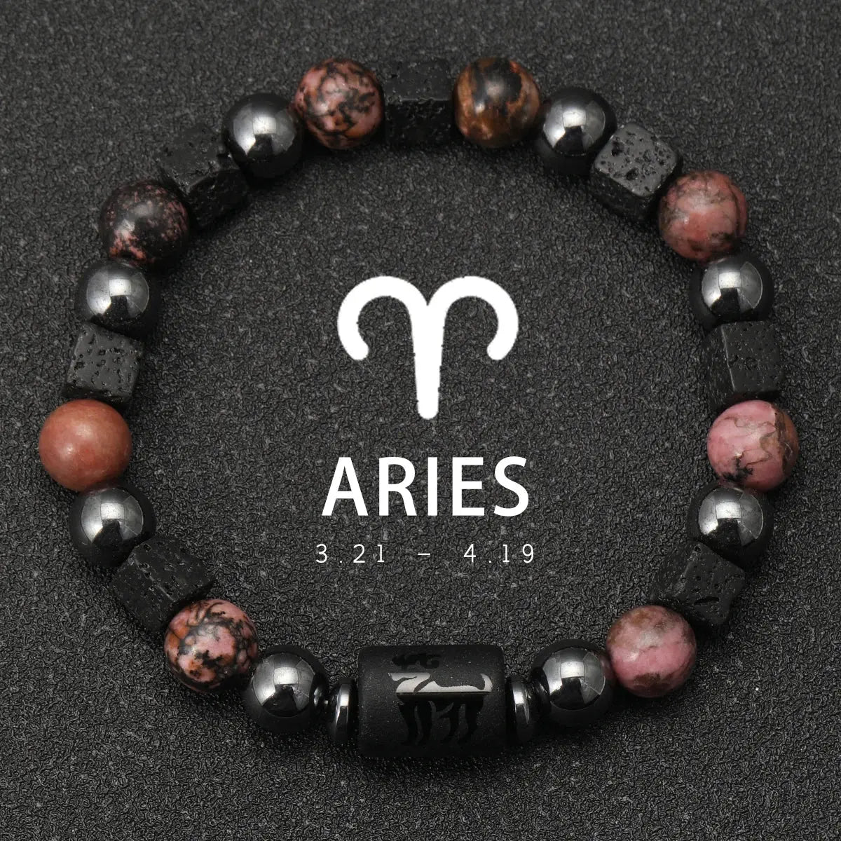 Bracelet 12 Signes du Zodiaque - Rhodochrosite et pierres de lave LUNASTRAL