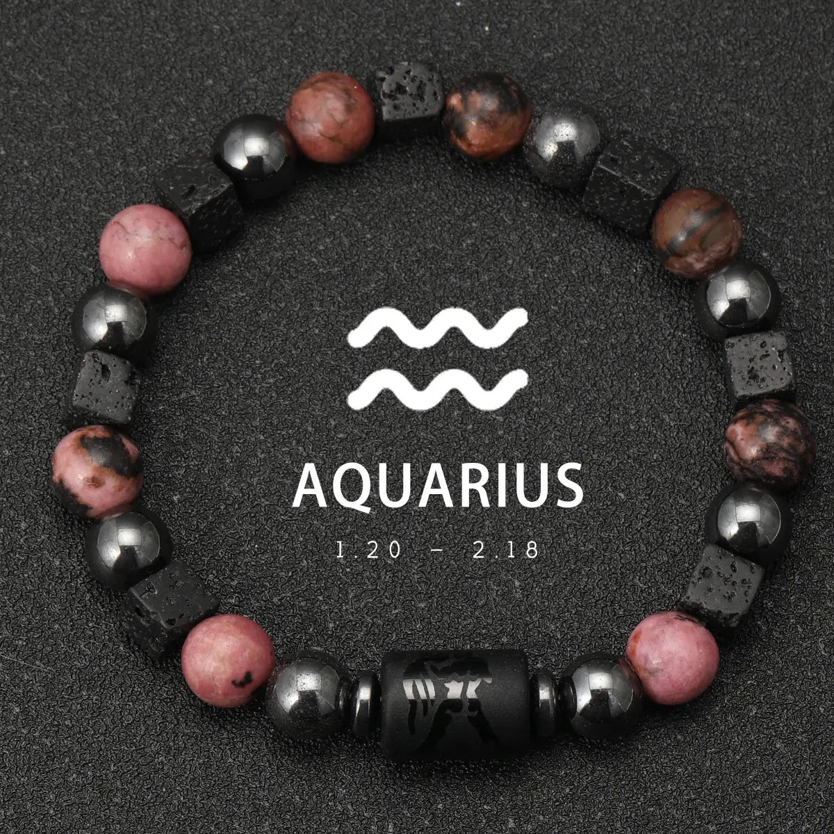 Bracelet 12 Signes du Zodiaque - Rhodochrosite et pierres de lave LUNASTRAL