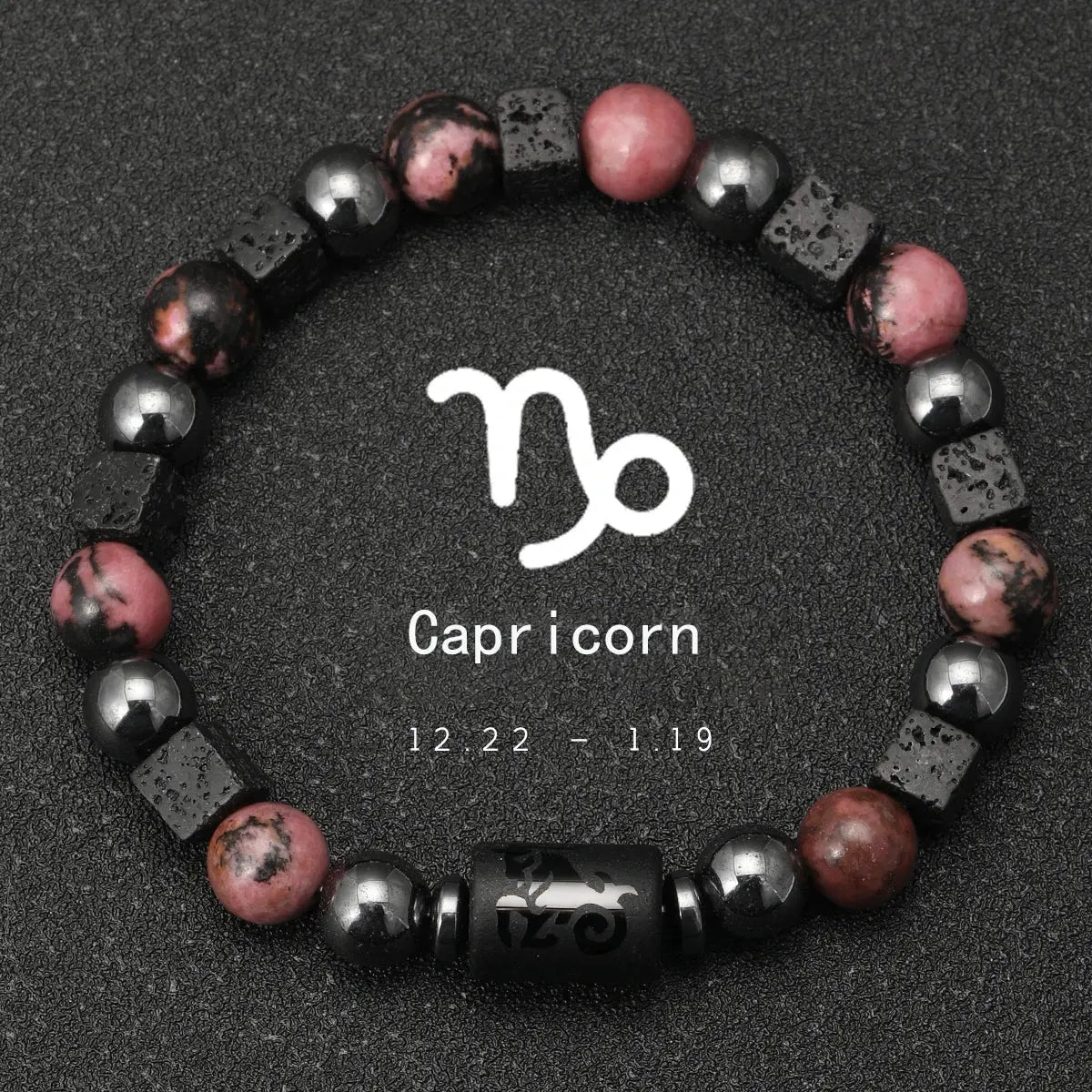 Bracelet 12 Signes du Zodiaque - Rhodochrosite et pierres de lave LUNASTRAL