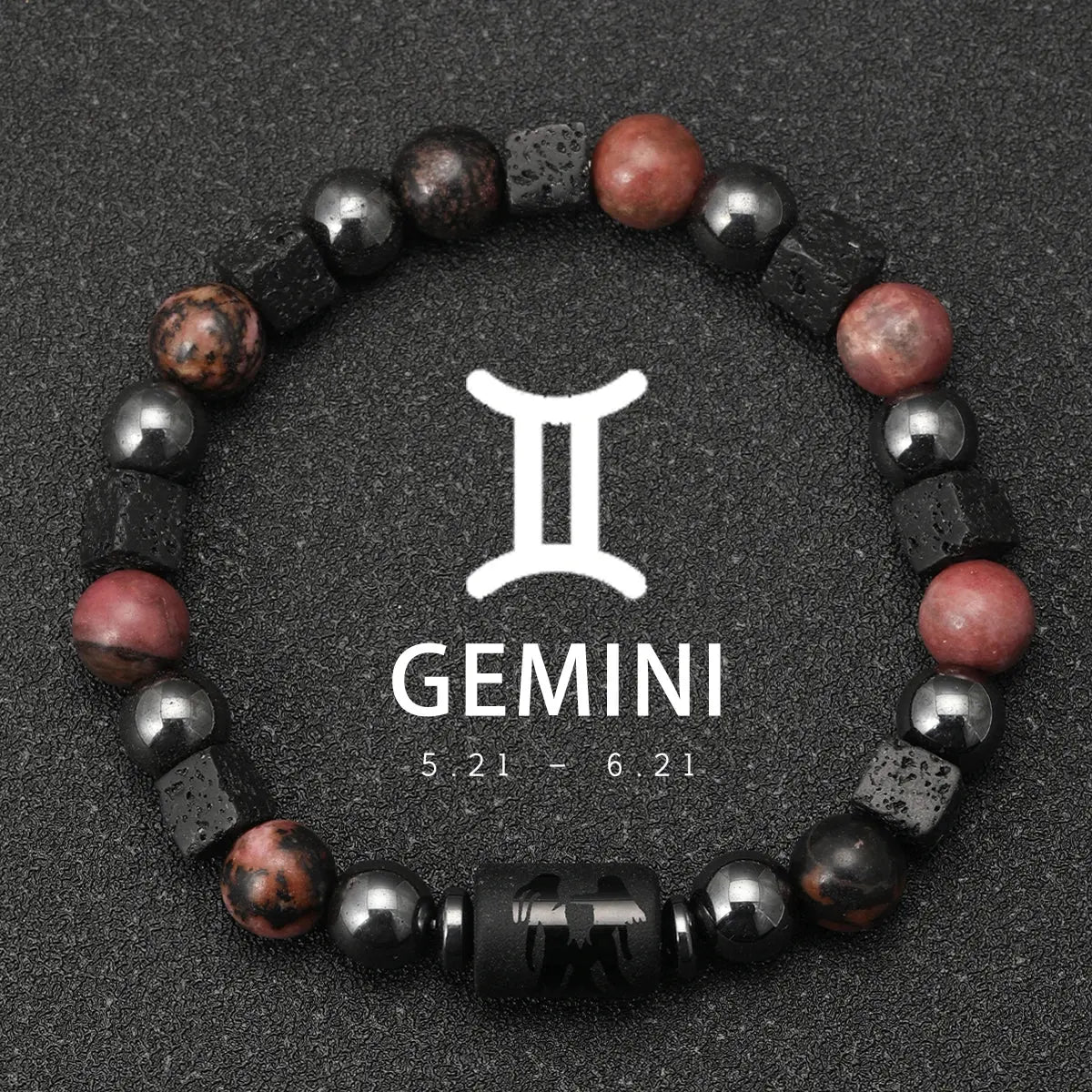 Bracelet 12 Signes du Zodiaque - Rhodochrosite et pierres de lave LUNASTRAL