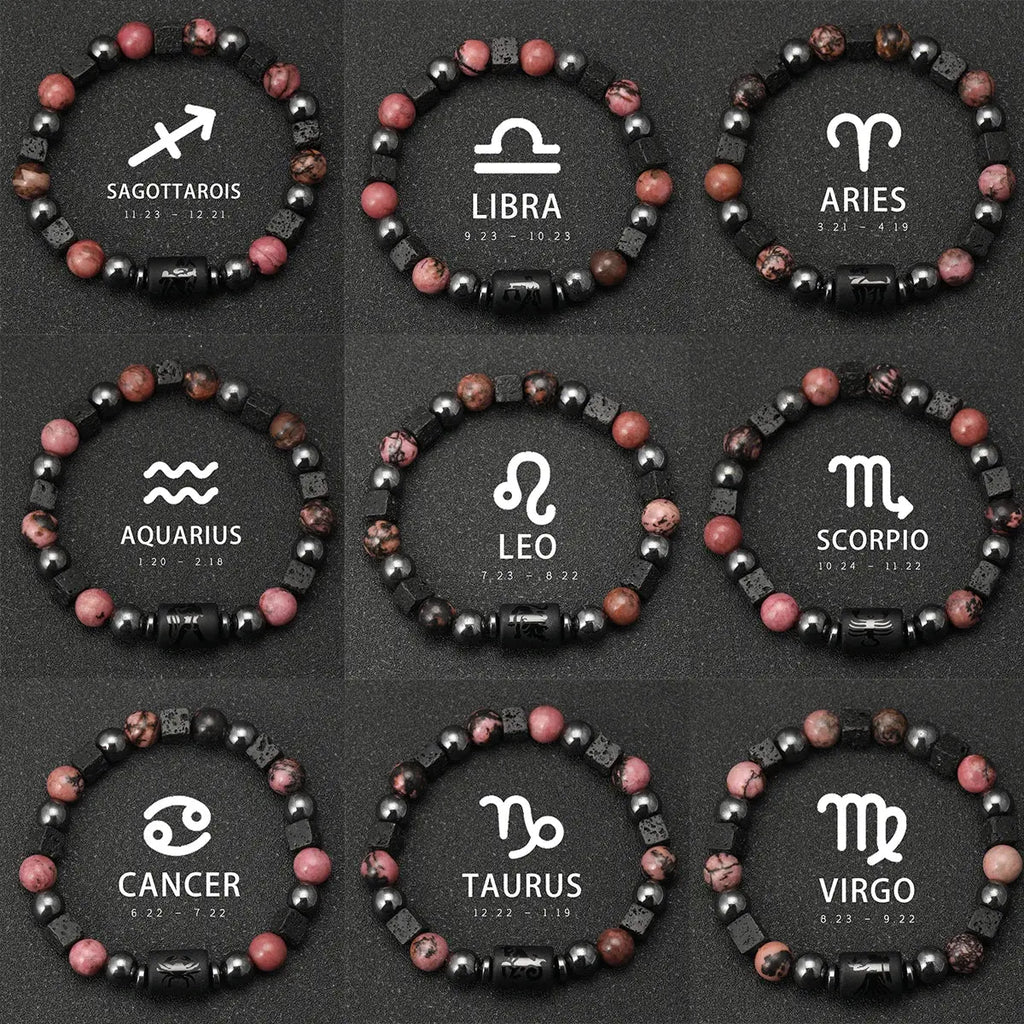 Bracelet 12 Signes du Zodiaque - Rhodochrosite et pierres de lave LUNASTRAL