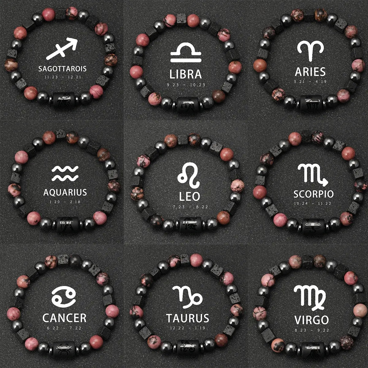 Bracelet 12 Signes du Zodiaque - Rhodochrosite et pierres de lave LUNASTRAL