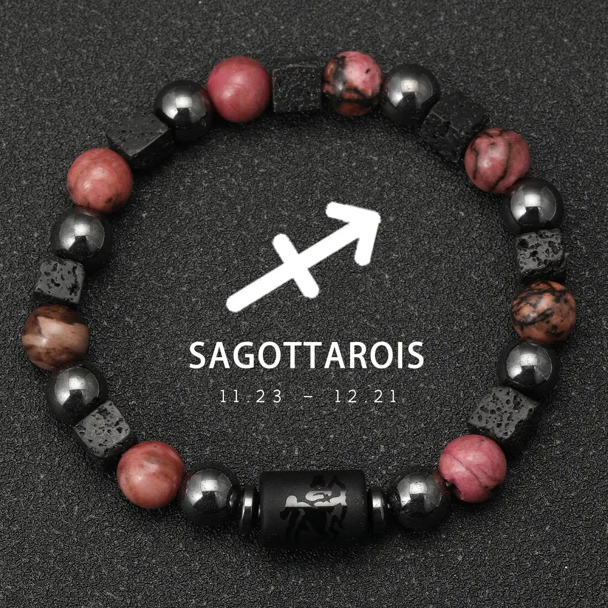 Bracelet 12 Signes du Zodiaque - Rhodochrosite et pierres de lave LUNASTRAL