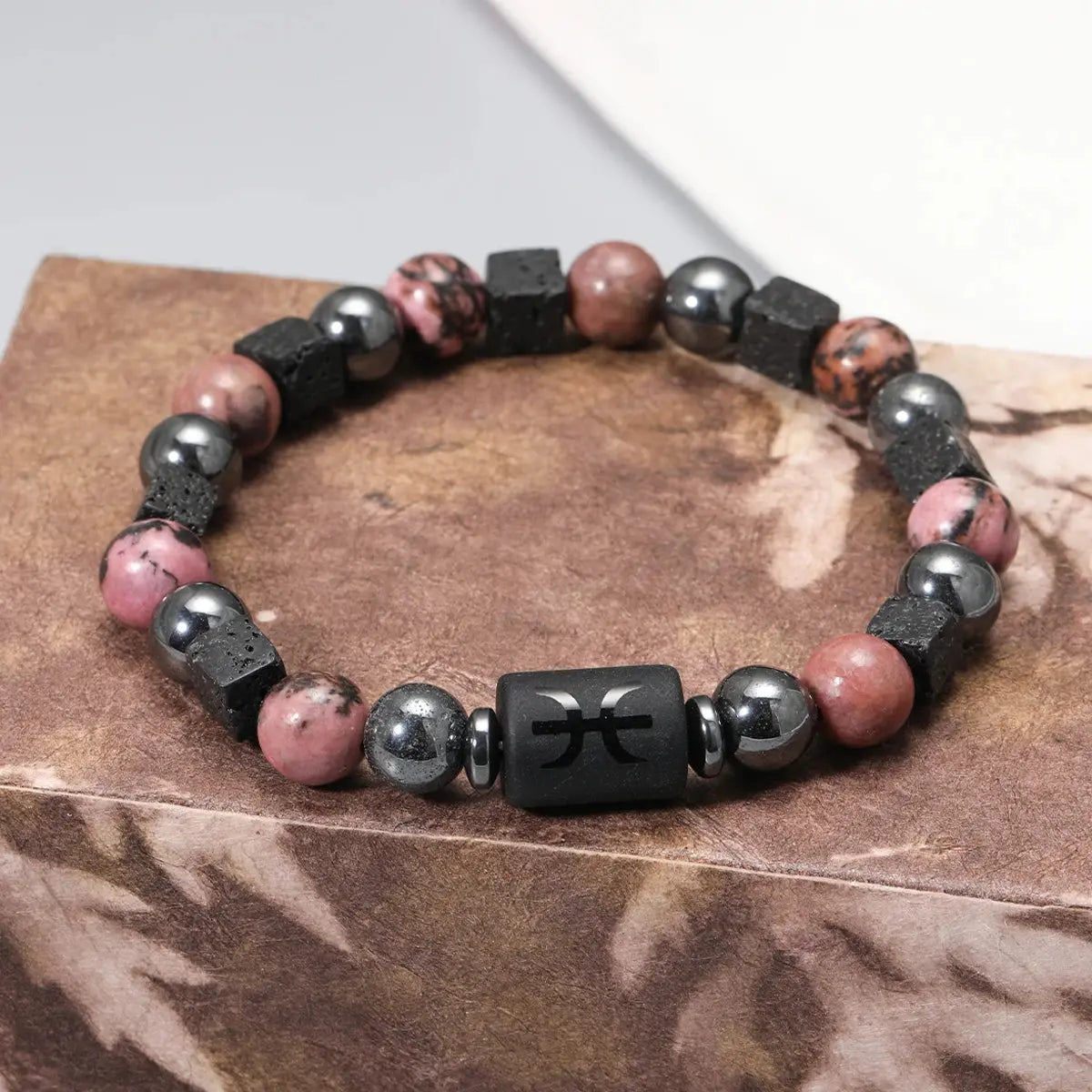 Bracelet 12 Signes du Zodiaque - Rhodochrosite et pierres de lave LUNASTRAL