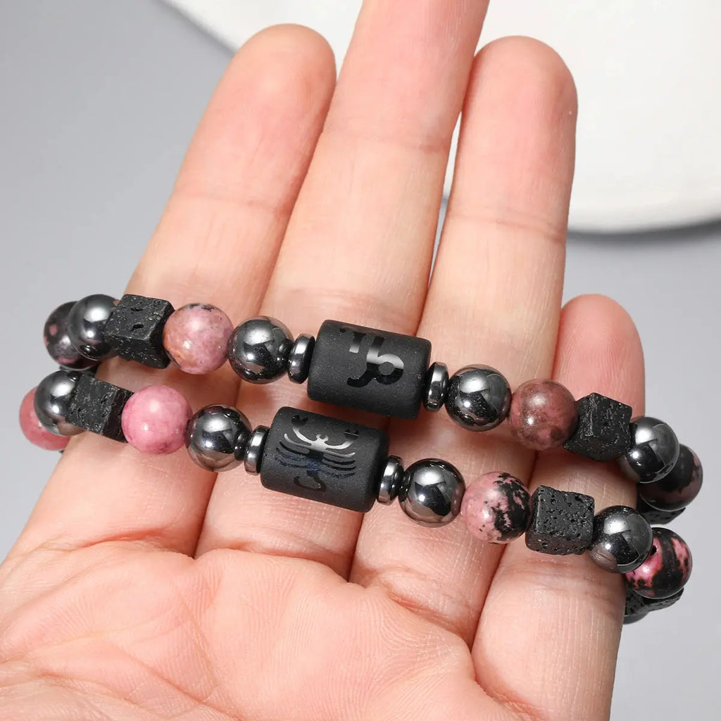 Bracelet 12 Signes du Zodiaque - Rhodochrosite et pierres de lave LUNASTRAL