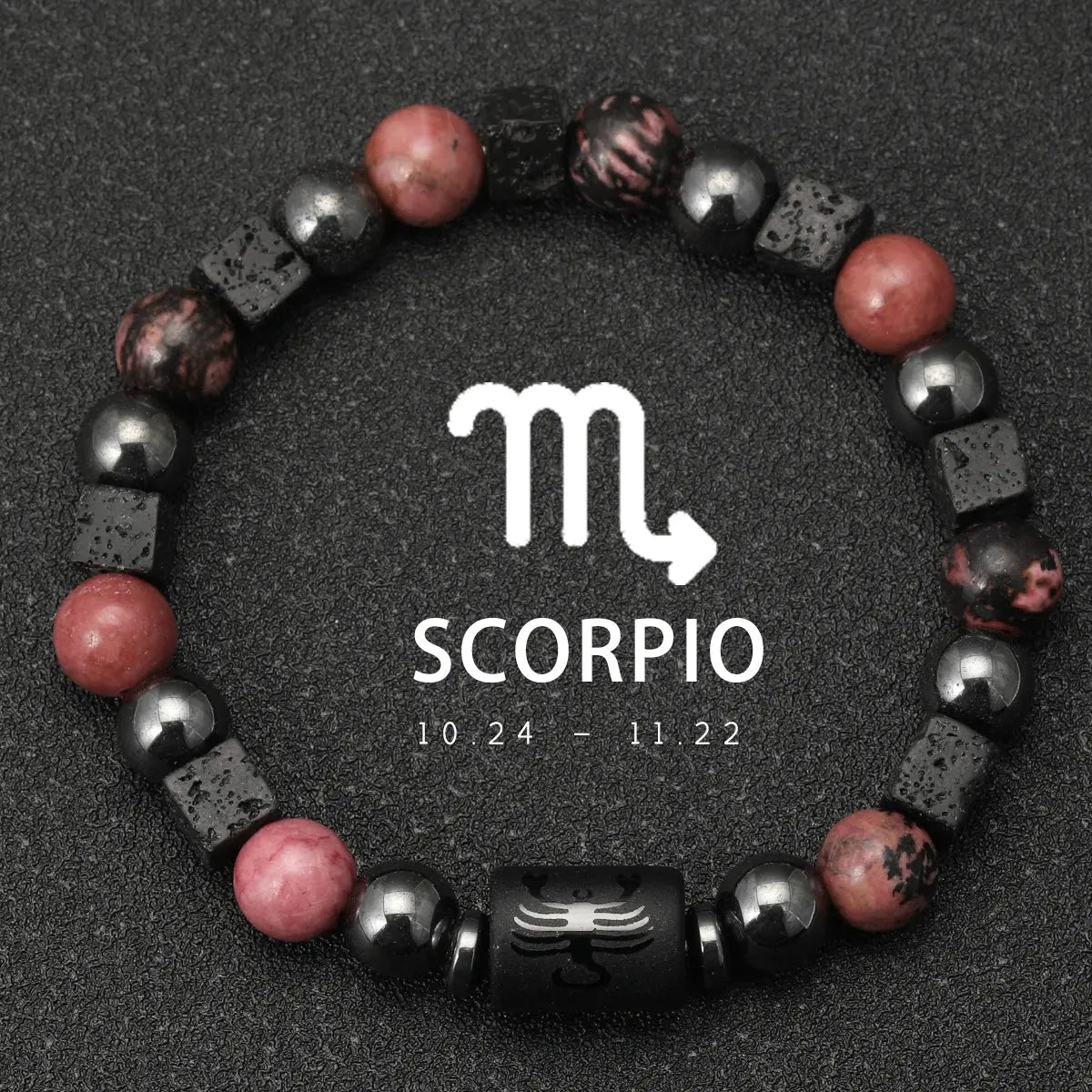 Bracelet 12 Signes du Zodiaque - Rhodochrosite et pierres de lave LUNASTRAL